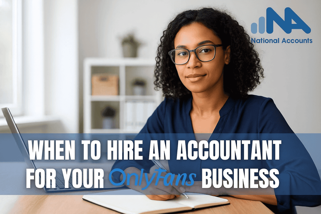 Professional woman working on finances for OnlyFans business at home.