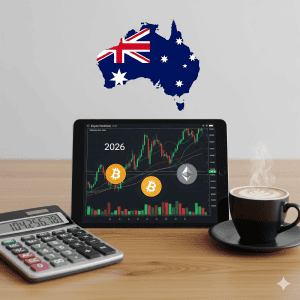 Digital currency trading chart with Australian map and Bitcoin symbols.