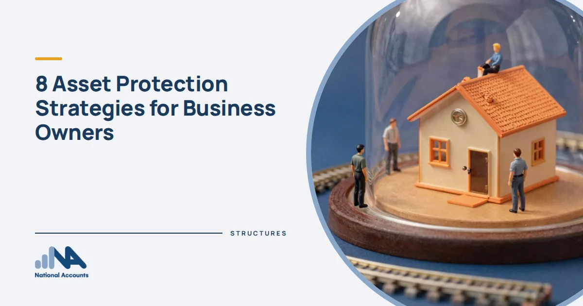 8 Asset Protection Strategies for Business Owners. A house safe inside a giant glass dome, guards standing around it. National Accounts