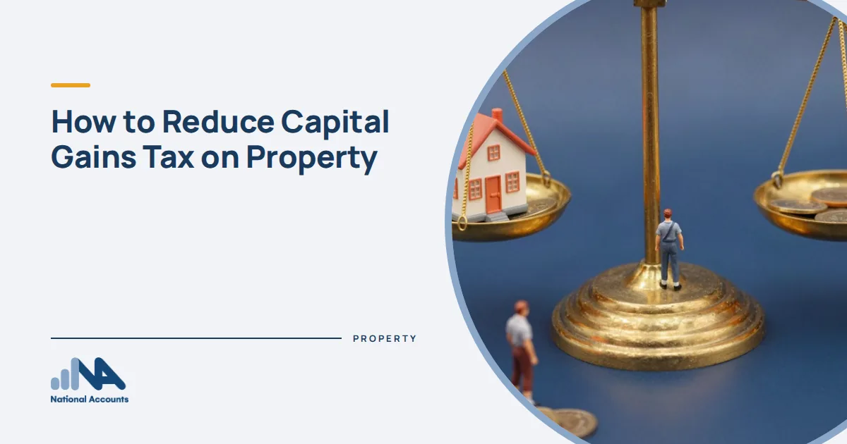How to Reduce Capital Gains Tax on Property. A house on one pan of giant brass scales, figurines adding coins to the other pan. National Accounts