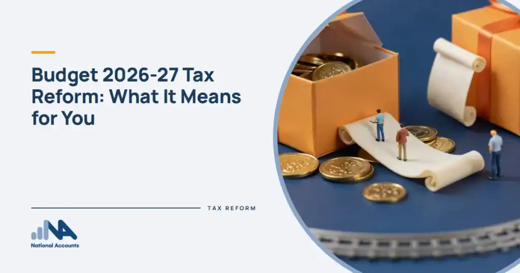 Budget 2026-27 Tax Reform: What It Means for You. Figurines unwrapping a giant gift box that is spilling gold coins, one figure reading a huge scroll. National Accounts