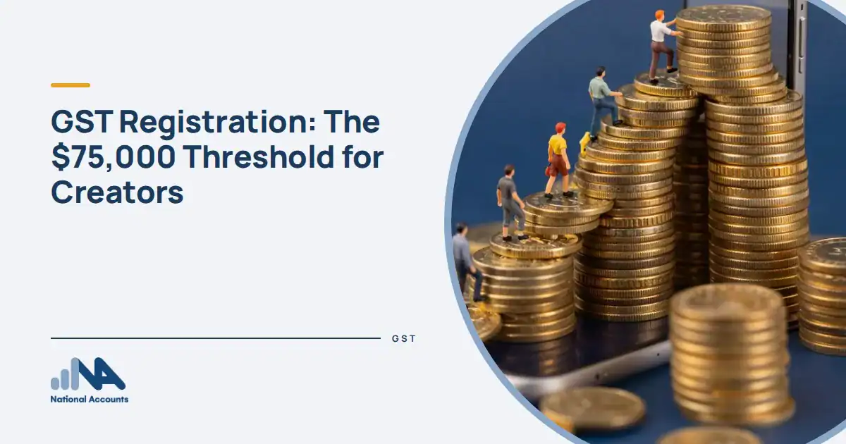 GST Registration: The $75,000 Threshold for Creators. A figurine climbing a staircase made of stacked gold coins toward a giant smartphone at the top. National Accounts