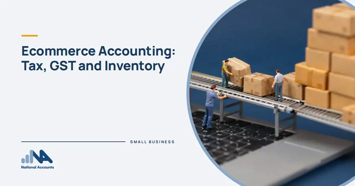 Ecommerce Accounting: Tax, GST and Inventory. Workers loading kraft parcels onto a conveyor belt made from a laptop keyboard. National Accounts