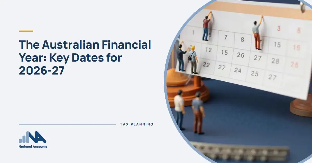 The Australian Financial Year: Key Dates for 2026-27. Figurines hanging a giant calendar page like a banner, an hourglass behind them. National Accounts