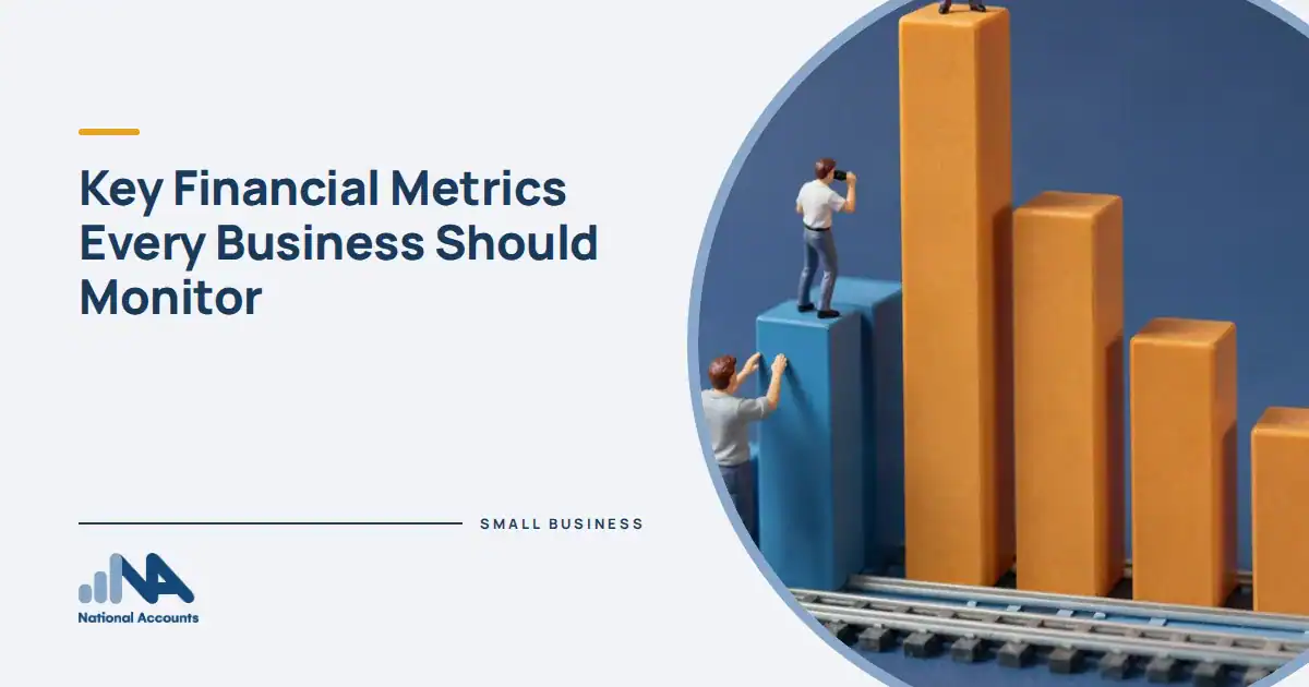 Key Financial Metrics Every Business Should Monitor. Figurines climbing a giant rising bar chart made of amber and blue blocks, one at the top with binoculars. National Accounts
