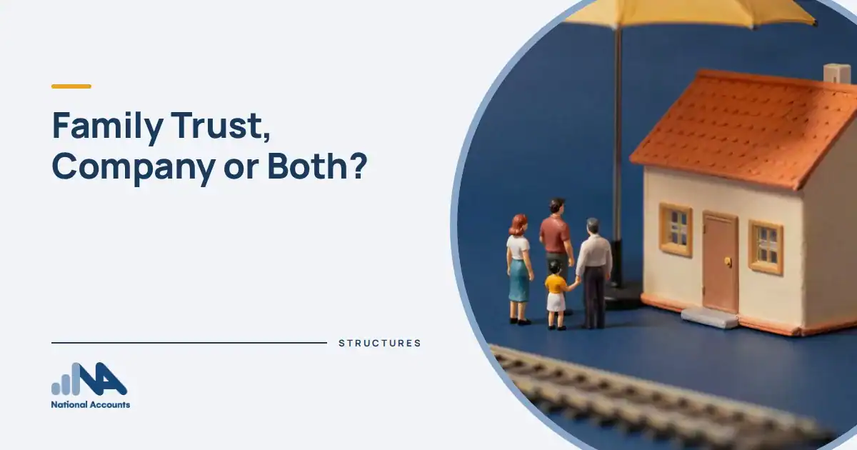 Family Trust, Company or Both? A family of figurines under a giant umbrella in front of a small house. National Accounts