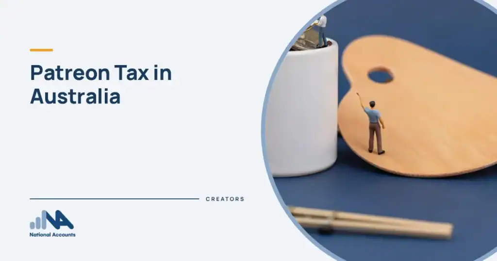 Patreon Tax in Australia. A painter figurine standing on a giant paint palette while patrons drop coins into a tip jar the size of a building. National Accounts