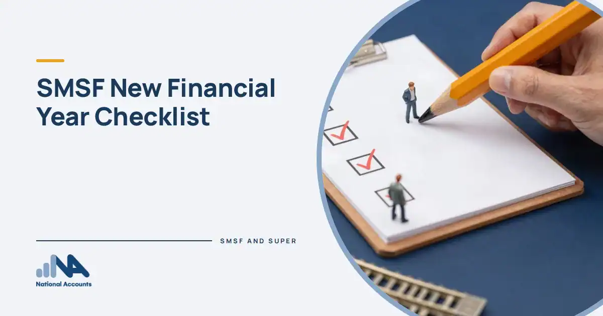 SMSF New Financial Year Checklist. Figurines ticking off boxes on a giant clipboard with a pencil as big as a log. National Accounts