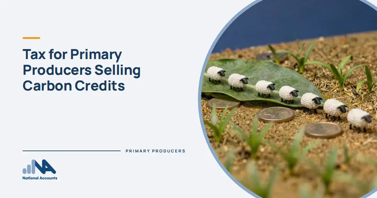 Tax for Primary Producers Selling Carbon Credits. Farmers herding sheep across a giant green leaf, with coins growing like crops in a field. National Accounts