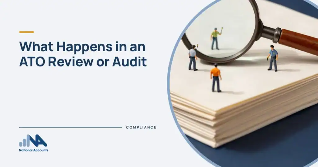 What Happens in an ATO Review or Audit. Inspectors with torches walking across a giant stack of papers under an enormous magnifying glass. National Accounts